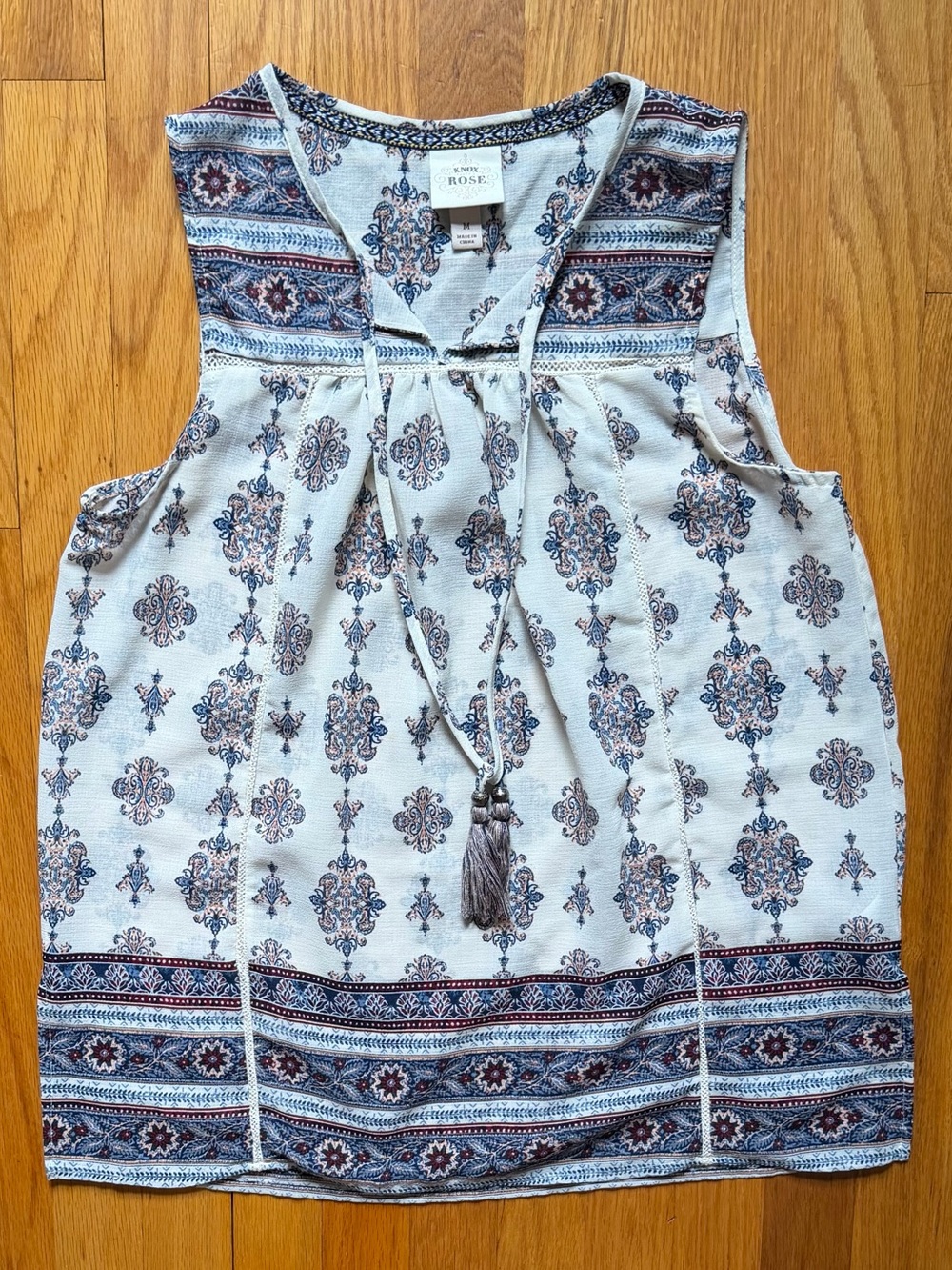 White & Navy Printed Tassel Tank Top